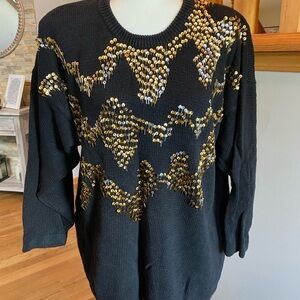 Black Vintage Sweater with Gold Sequin Design